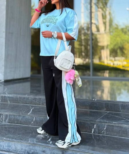 ست تی شرت و شلوار Adidas بقل زیپ آبی روشن (2)