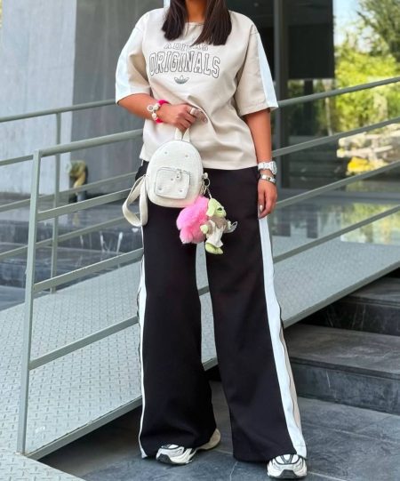 ست تی شرت و شلوار Adidas بقل زیپ کرم