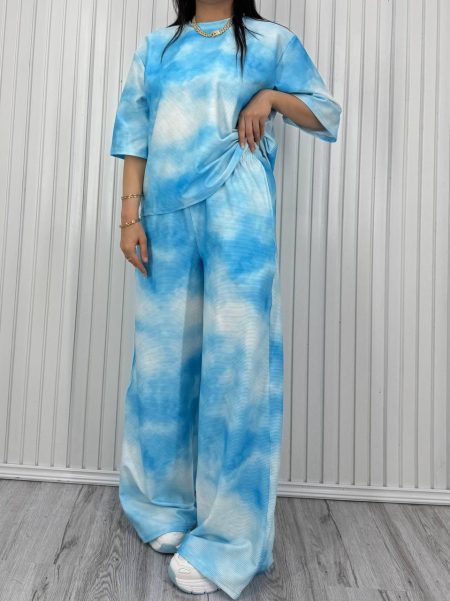 ست تیشرت شلوار ابروبادی ufo آبی سفید