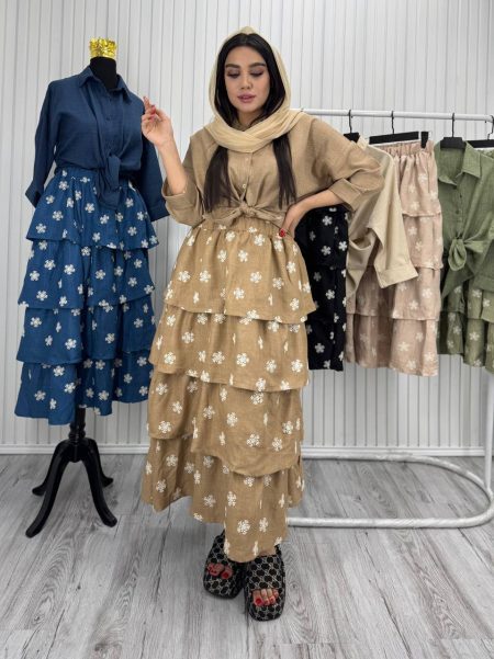 ست شومیز دامن گل دوزی آجری