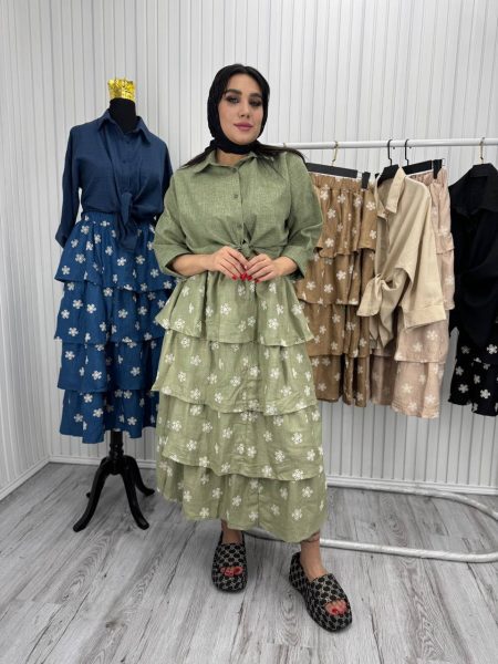 ست شومیز دامن گل دوزی سبز