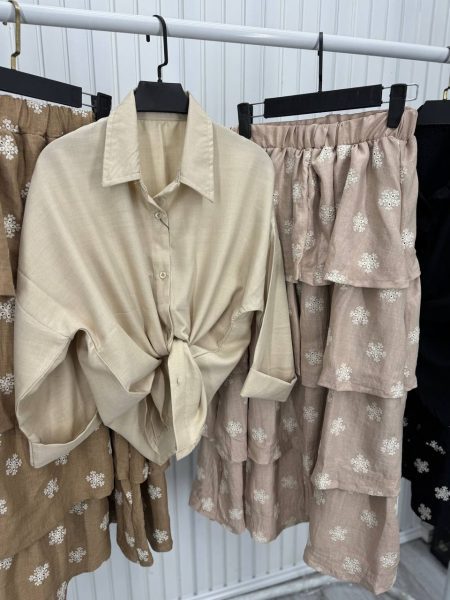 ست شومیز دامن گل دوزی کرم