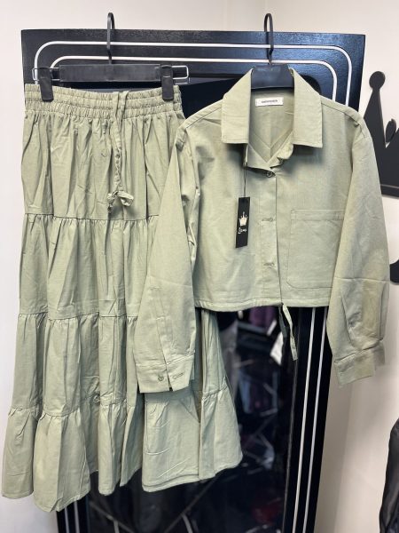 ست شومیز و دامن بندی zara سبز روشن