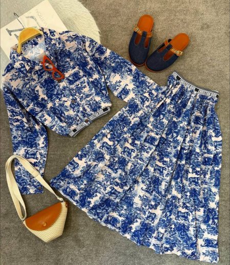 ست شومیز و دامن کمرکش طرحدار ببری آبی