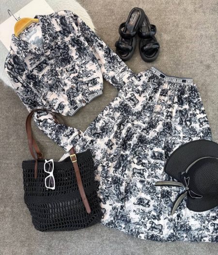 ست شومیز و دامن کمرکش طرحدار ببری مشکی