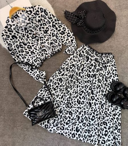 ست شومیز و دامن کمرکش طرحدار پلنگی سفید مشکی