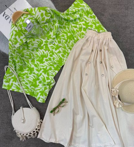 ست شومیز و دامن گلبرگ DM سبز کرم