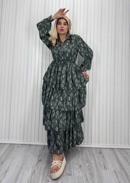 پیراهن طبقه ای حریر کمردار سبز برگ سفید