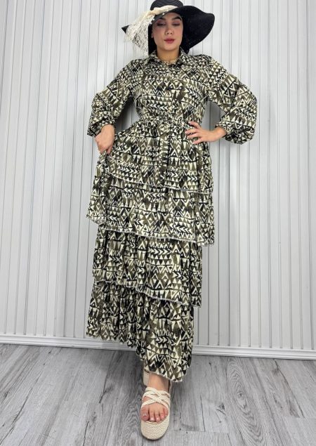 پیراهن طبقه ای حریر کمردار سبز دالبر سفید