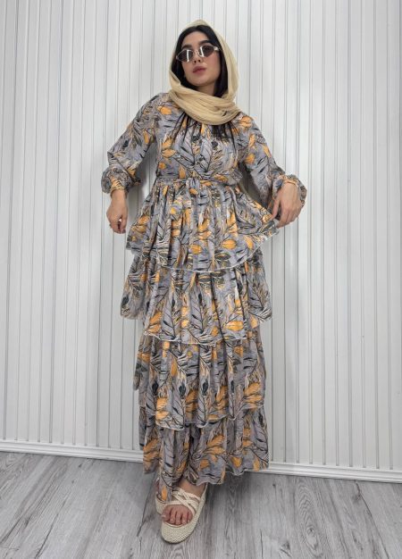 پیراهن طبقه ای حریر کمردار طوسی برگ زرد