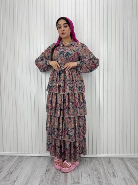 پیراهن طبقه ای حریر کمردار طوسی رنگین کمانی