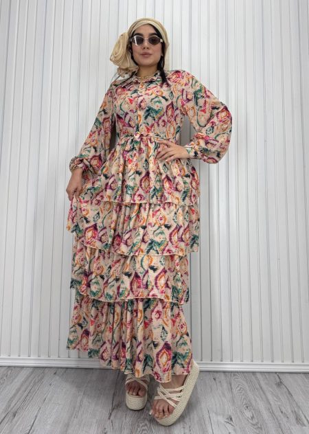 پیراهن طبقه ای حریر کمردار کرم رنگین کمانی