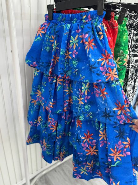 دامن طبقه ای طرح دار تارا آبی زرد