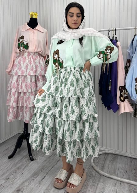 دامن طبقه ای طرح دار تارا سفید سبز