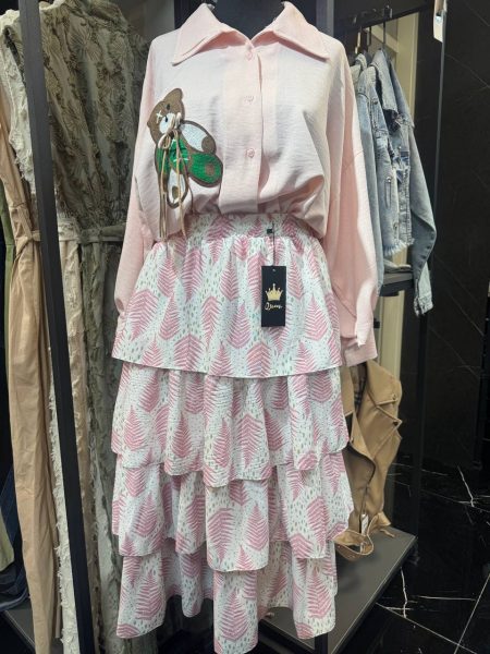 دامن طبقه ای طرح دار تارا سفید صورتی