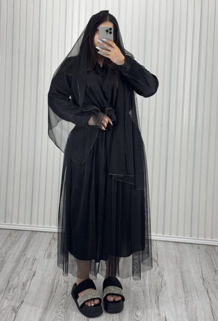 ست 2 تیکه دامن و شال گیپور نگینی مشکی طرح ساده