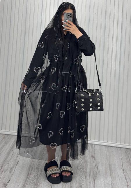 ست 2 تیکه دامن و شال گیپور نگینی مشکی طرح قلب