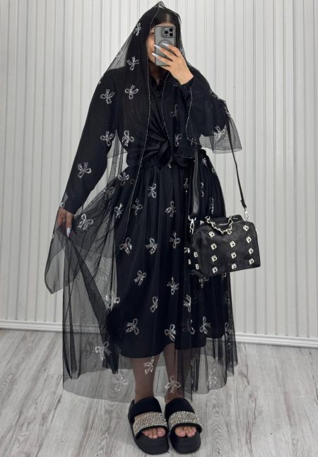 ست 2 تیکه دامن و شال گیپور نگینی مشکی طرح پاپیون