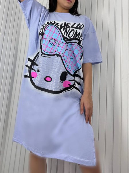 تی شرت لانگ نگینی Hello Kitty آبی روشن