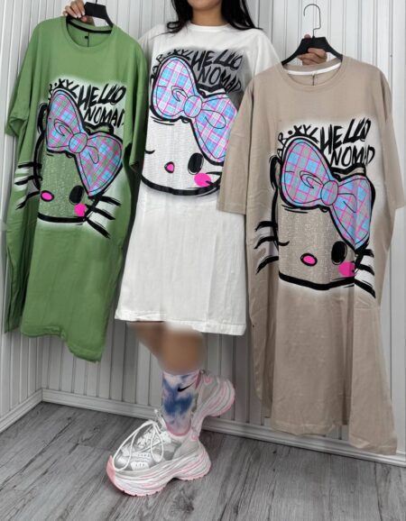 تی شرت لانگ نگینی Hello Kitty کرم، سبز
