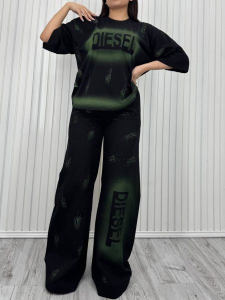 ست تی شرت و شلوار رنگ پاش Diesel سبز