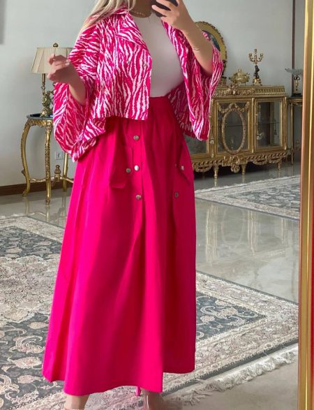 ست دامن و شومیز جلو دکمه سرخابی