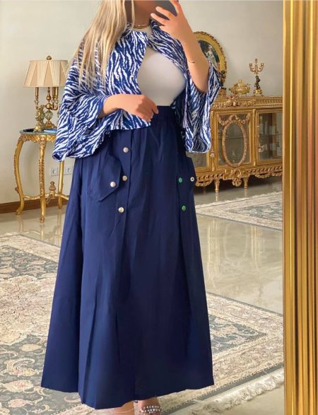 ست دامن و شومیز جلو دکمه سرمه‌ای