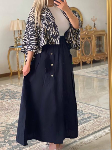 ست دامن و شومیز جلو دکمه مشکی