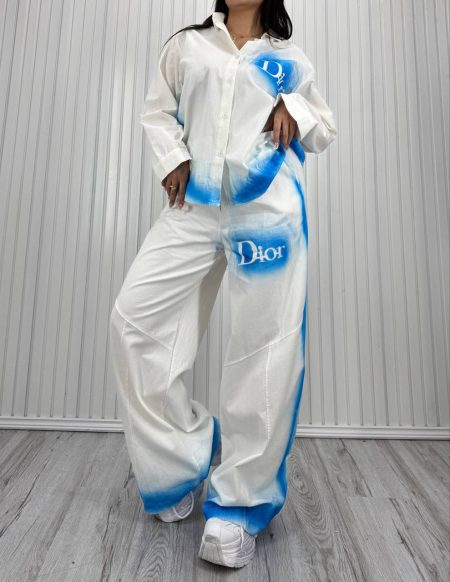 ست شومیز و شلوار آبرنگی dior سفید آبی