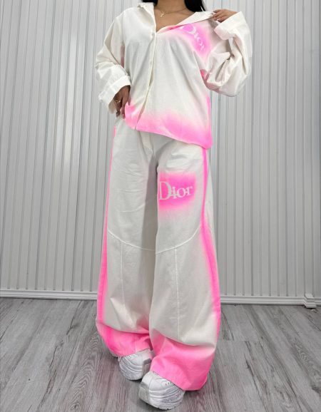 ست شومیز و شلوار آبرنگی dior سفید صورتی