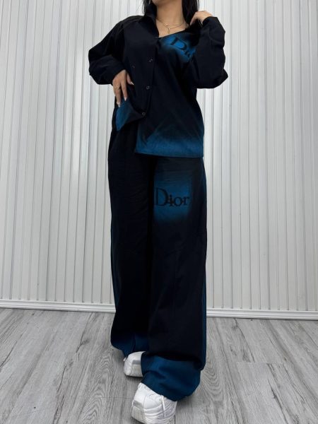 ست شومیز و شلوار آبرنگی dior مشکی آبی