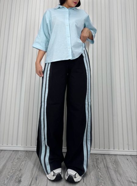 ست شومیز و شلوار کنار 2خط آبی روشن