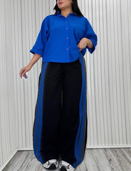 ست شومیز و شلوار کنار 2خط آبی کاربنی