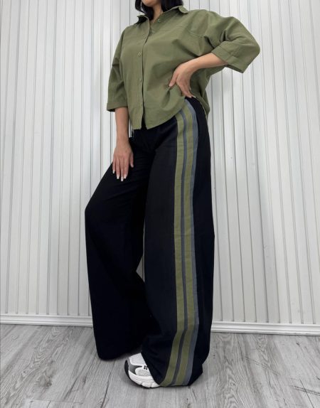 ست شومیز و شلوار کنار 2خط سبز زیتونی