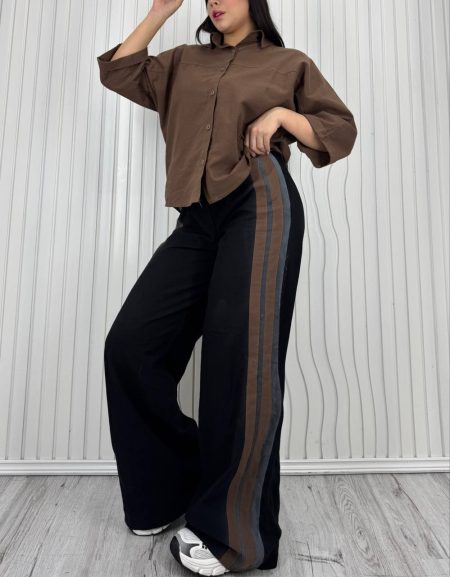 ست شومیز و شلوار کنار 2خط قهوه‌ای