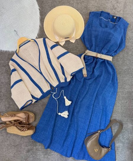 ست‌ رویه و‌پیراهن قلاب‌بافی آبی تیره