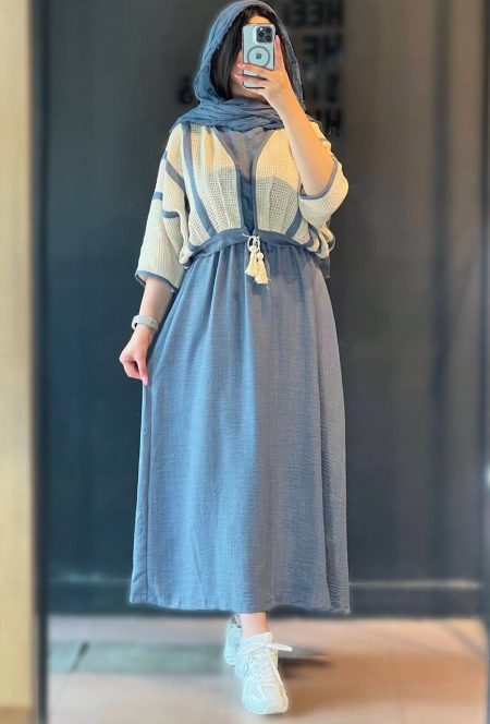 ست‌ رویه و‌پیراهن قلاب‌بافی آبی روشن