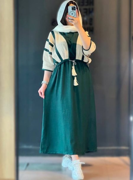 ست‌ رویه و‌پیراهن قلاب‌بافی سبز تیره