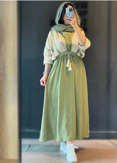 ست‌ رویه و‌پیراهن قلاب‌بافی سبز روشن