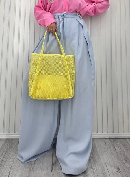 شلوار فول بگ کمرکش کمربندی آبی روشن