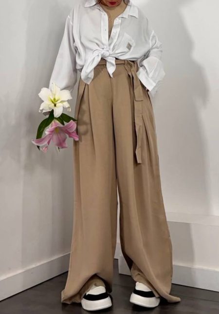 شلوار فول بگ کمرکش کمربندی سبز روشن