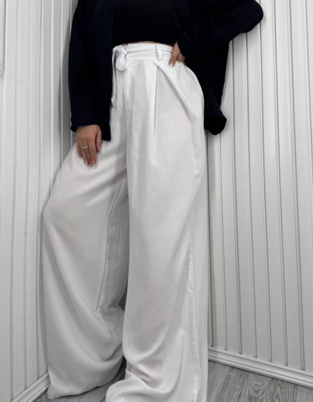 شلوار فول بگ کمرکش کمربندی سفید