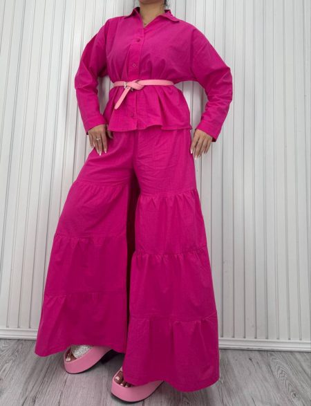 شومیز و دامن شلواری کمرکش سرخابی