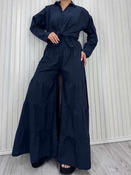 شومیز و دامن شلواری کمرکش سرمه‌ای