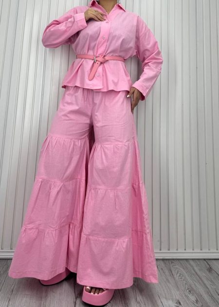 شومیز و دامن شلواری کمرکش صورتی