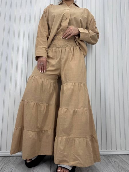 شومیز و دامن شلواری کمرکش کرم