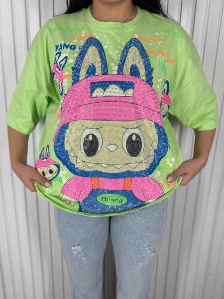 تی‌شرت نگینی LABUBU سبز فسفری