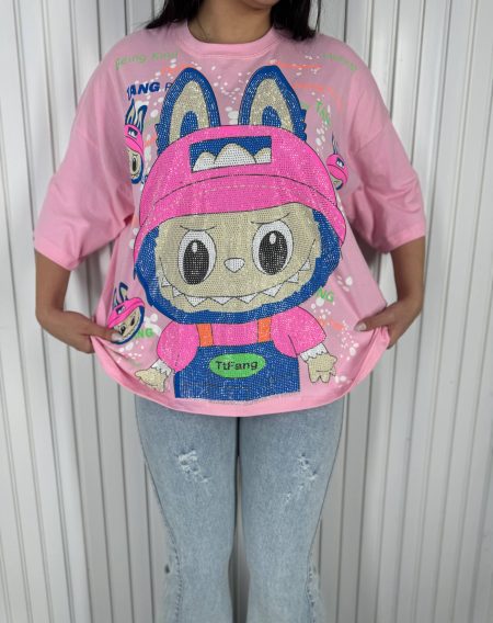 تی‌شرت نگینی LABUBU صورتی روشن