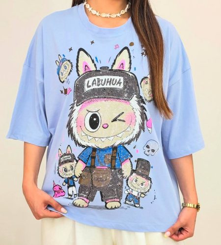 تی‌شرت نگینی Labubu کلاه‌ دار آبی روشن