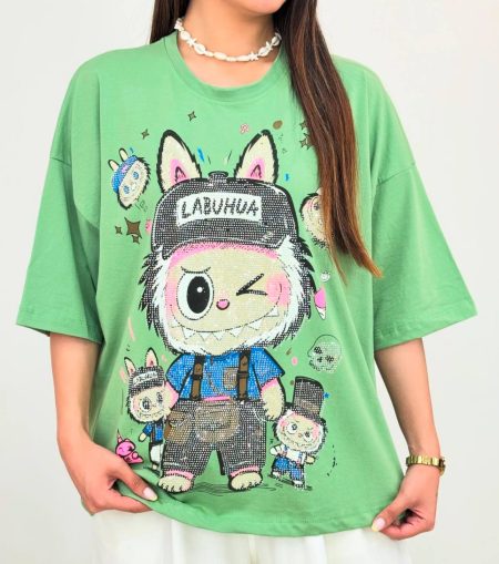 تی‌شرت نگینی Labubu کلاه‌ دار سبز